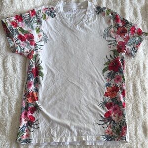 Guess White Tee with Red and Pink Floral Design